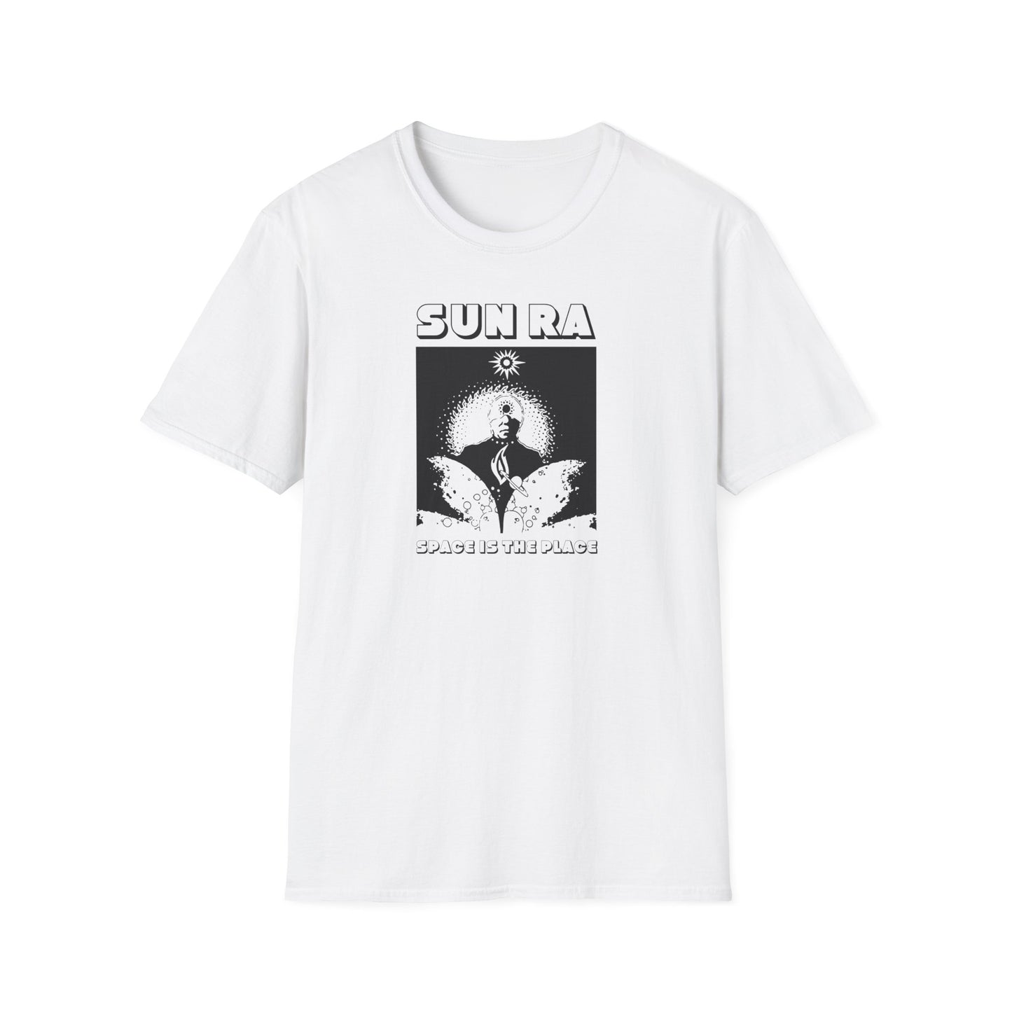White t-shirt with black graphic featuring text "SUN RA" and "SPACE IS THE PLACE".
