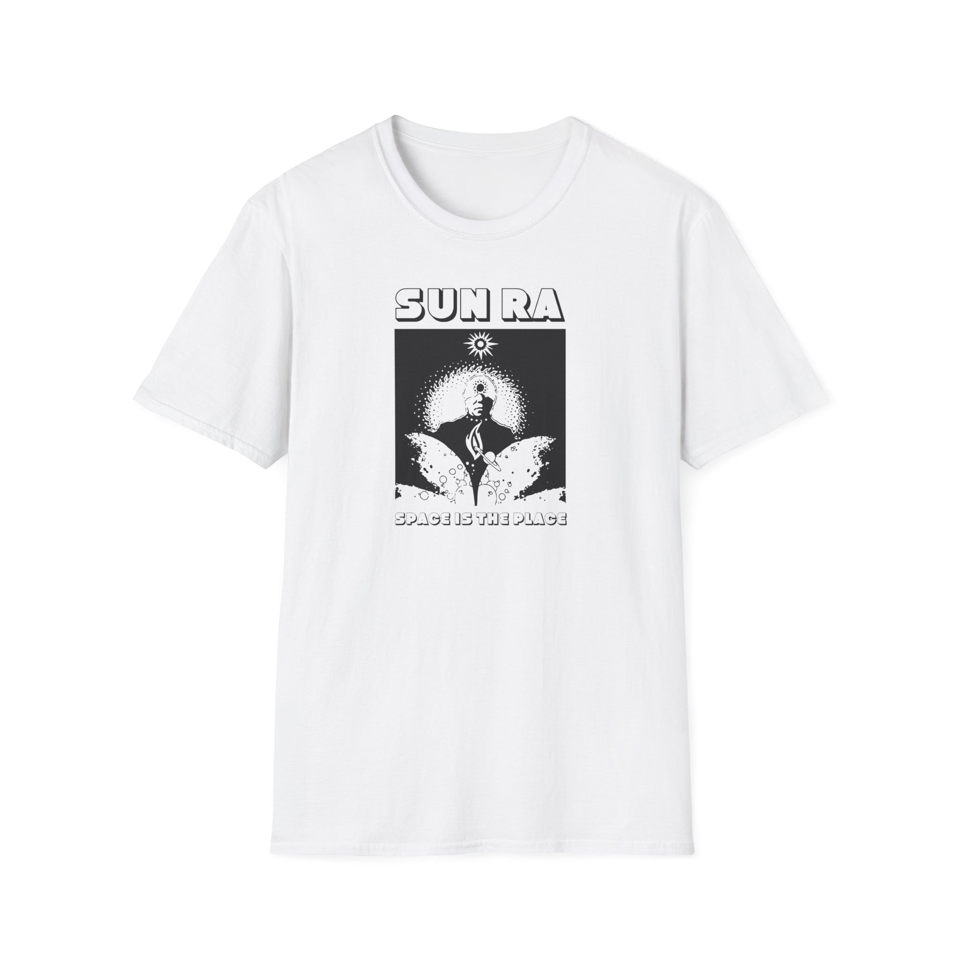 White t-shirt with black graphic featuring text "SUN RA" and "SPACE IS THE PLACE".