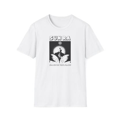 White t-shirt with black graphic featuring text "SUN RA" and "SPACE IS THE PLACE".
