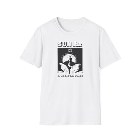 White t-shirt with black graphic featuring text "SUN RA" and "SPACE IS THE PLACE".