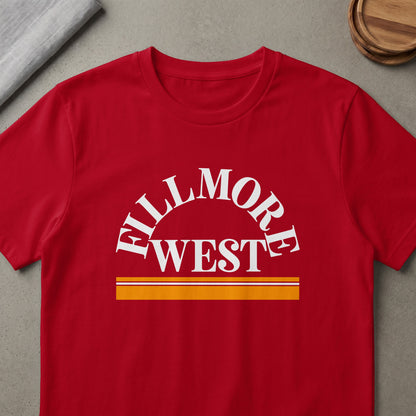 Red t-shirt with arched white "Fillmore" and "West" text over striped accent.