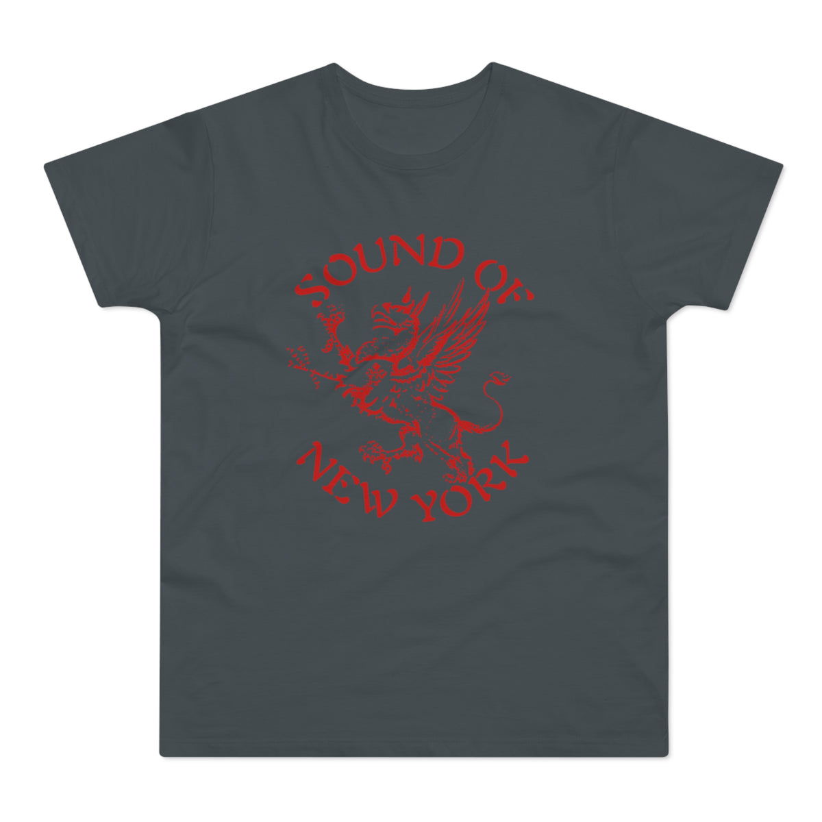 Dark grey t-shirt with a red graphic of a griffin and text.
