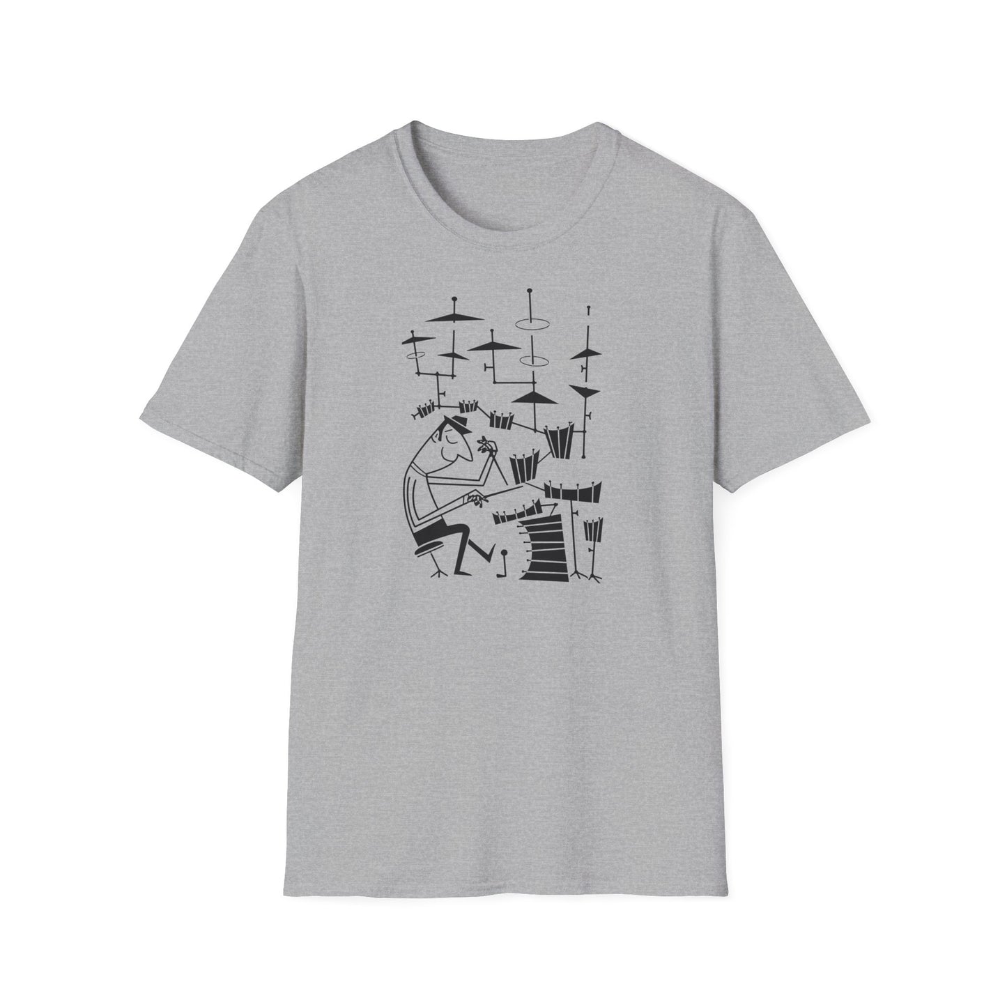 Black line art of a drummer playing on a grey t-shirt.