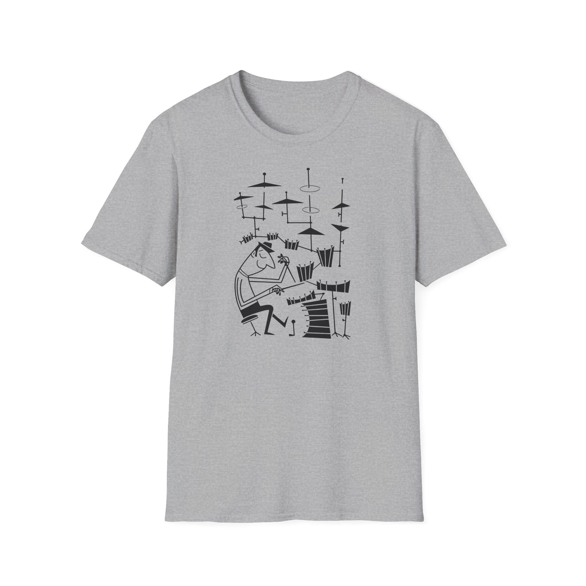 Black line art of a drummer playing on a grey t-shirt.