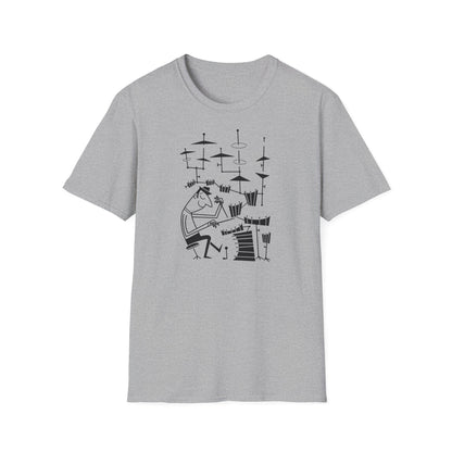 Black line art of a drummer playing on a grey t-shirt.