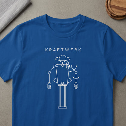 Blue t-shirt with white text "KRAFTWERK" and a robotic diagram.