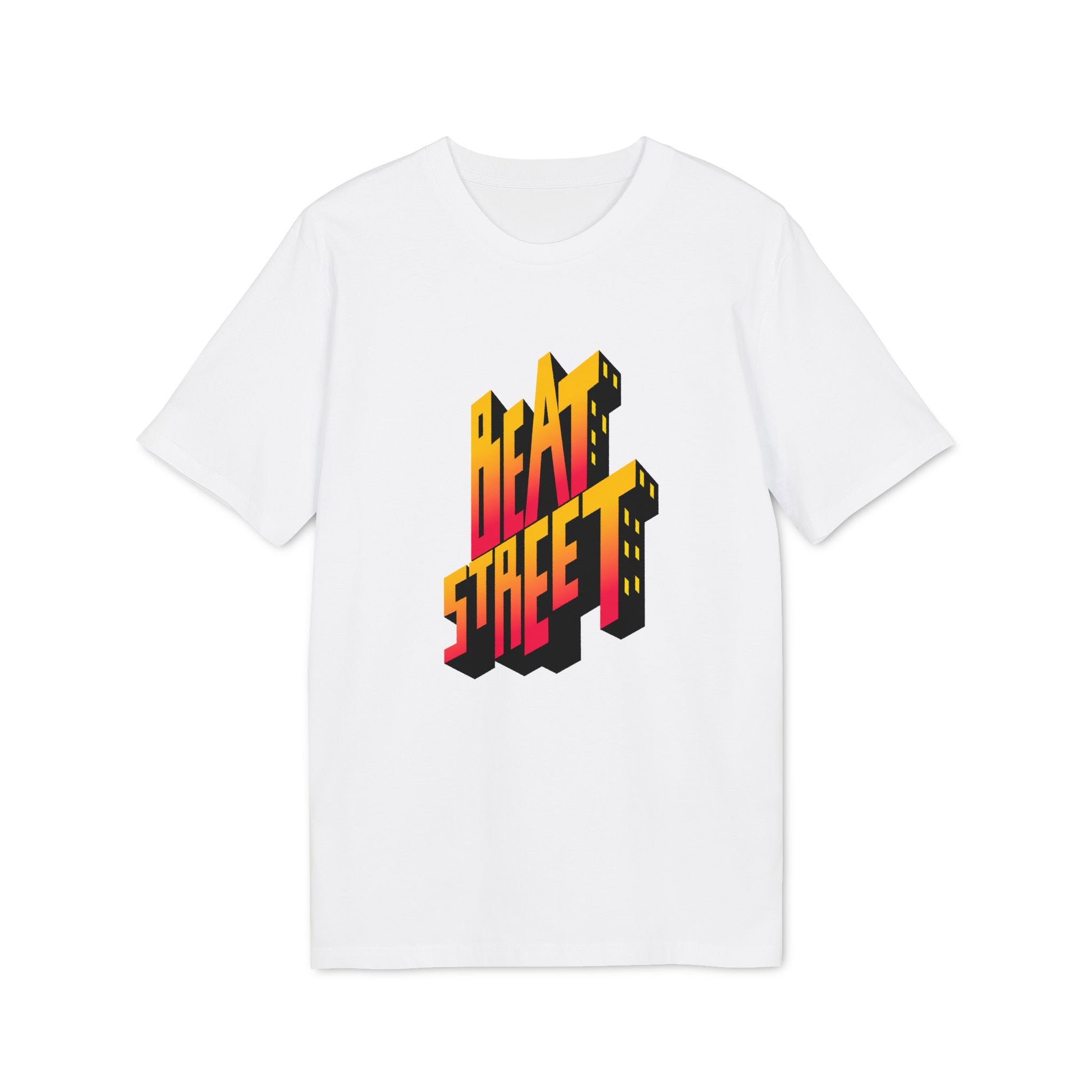 White t-shirt with 3D text graphic spelling "BEAT STREET" in red and yellow.