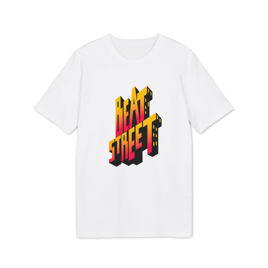 White t-shirt with 3D text graphic spelling "BEAT STREET" in red and yellow.