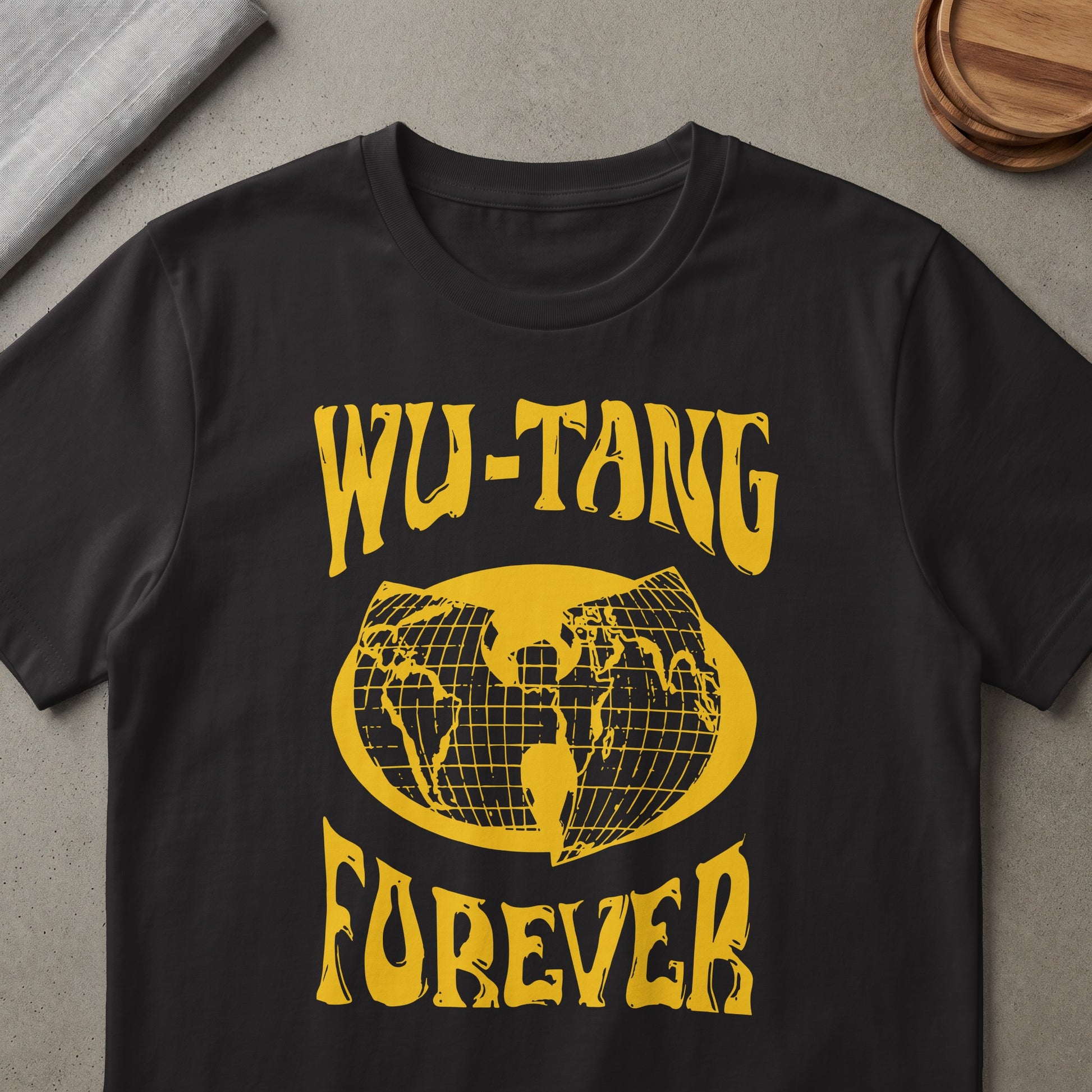 Black t-shirt with yellow Wu-Tang Forever text and globe graphic.