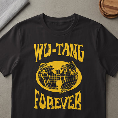 Black t-shirt with yellow Wu-Tang Forever text and globe graphic.