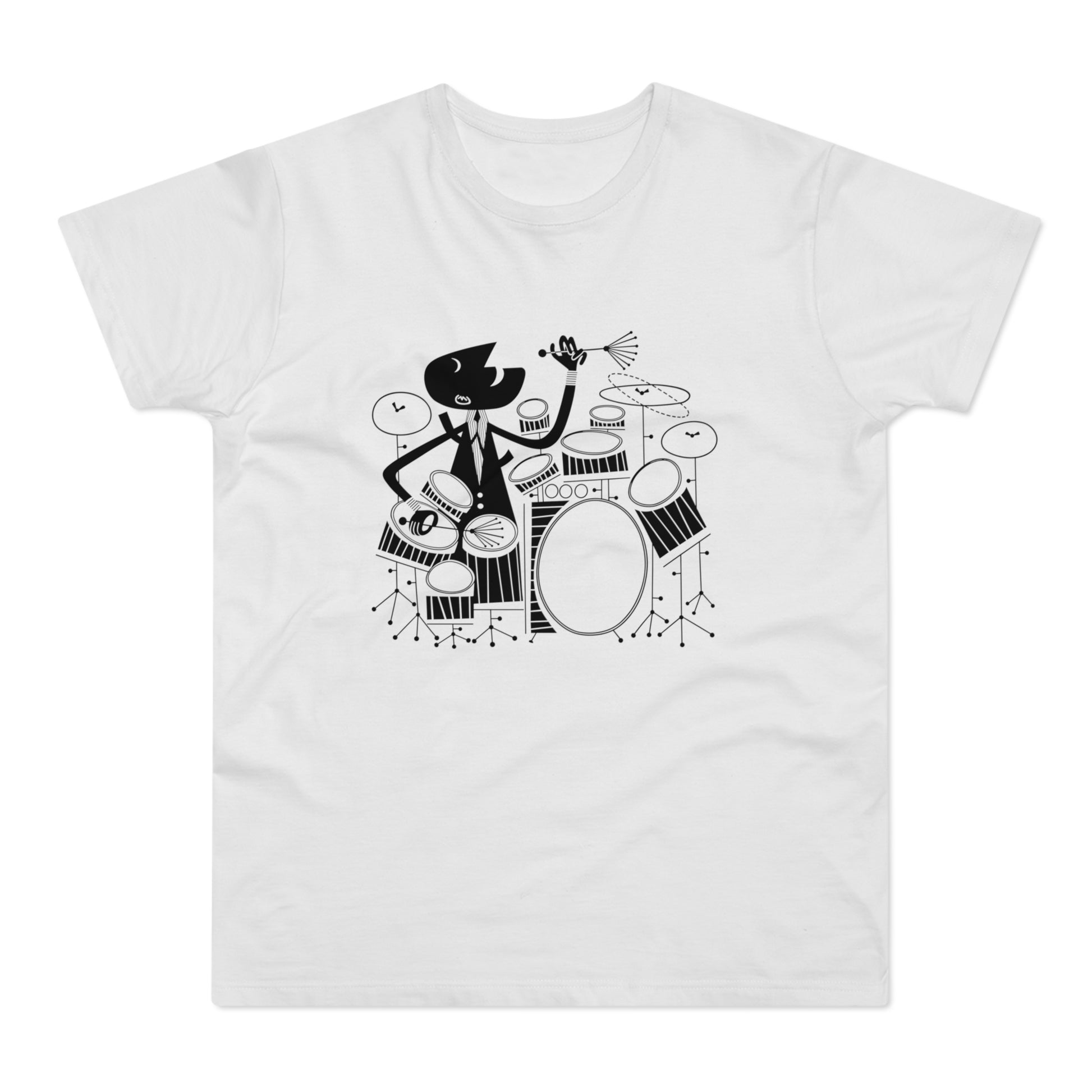 Black and white graphic of a cartoon creature playing a drum set on a white t-shirt.