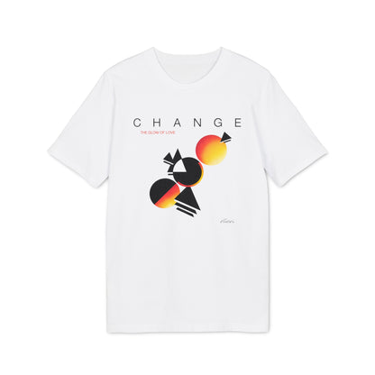 White t-shirt with "CHANGE" and "THE GLOW OF LOVE" text and abstract graphic.