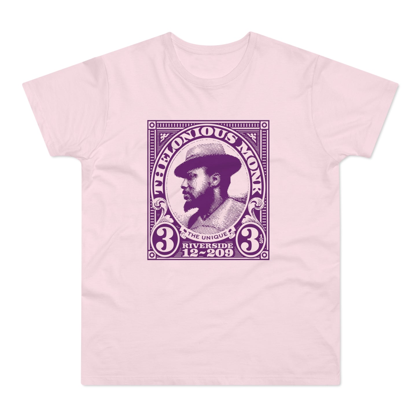 Thelonious Monk portrait graphic on a light pink t-shirt.