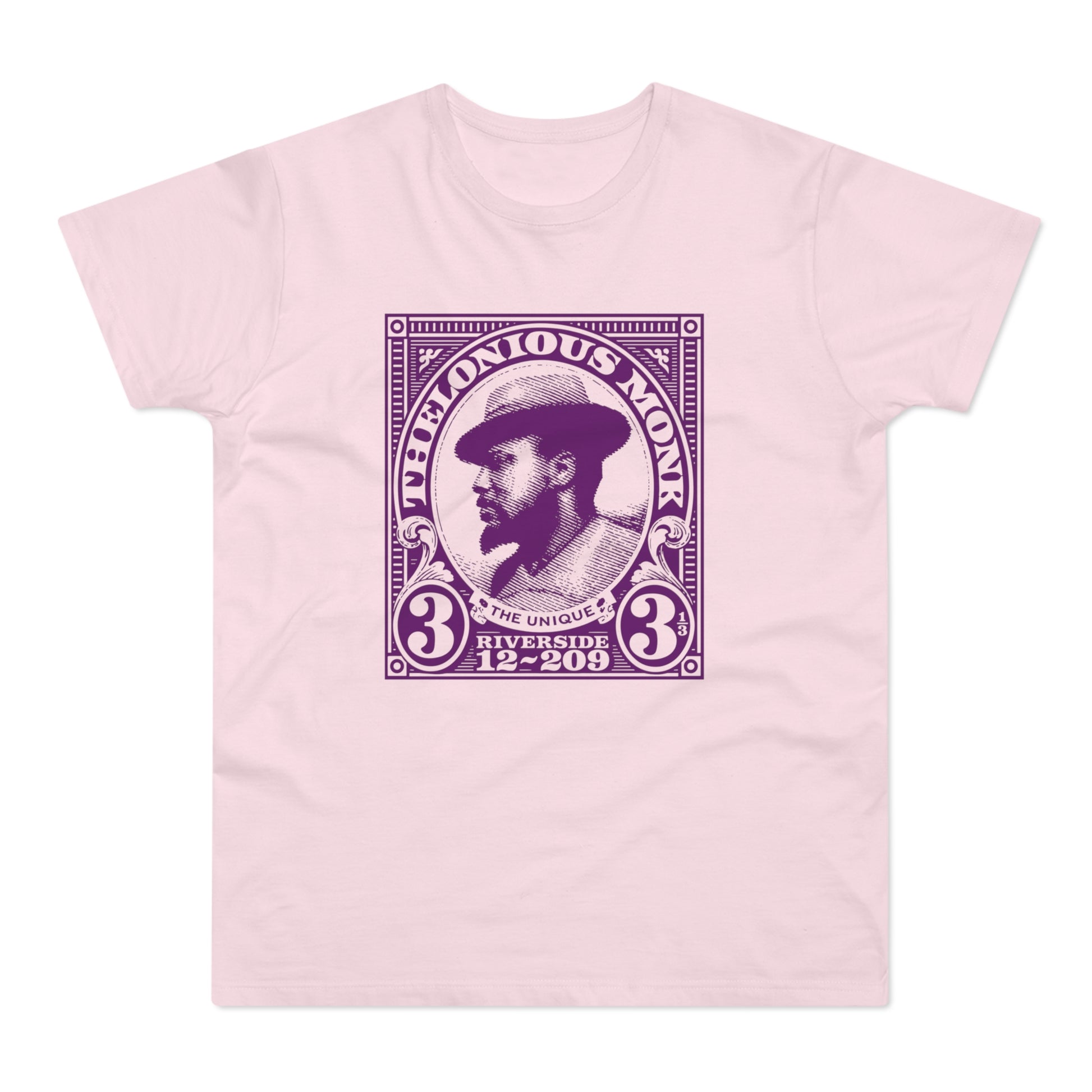 Thelonious Monk portrait graphic on a light pink t-shirt.