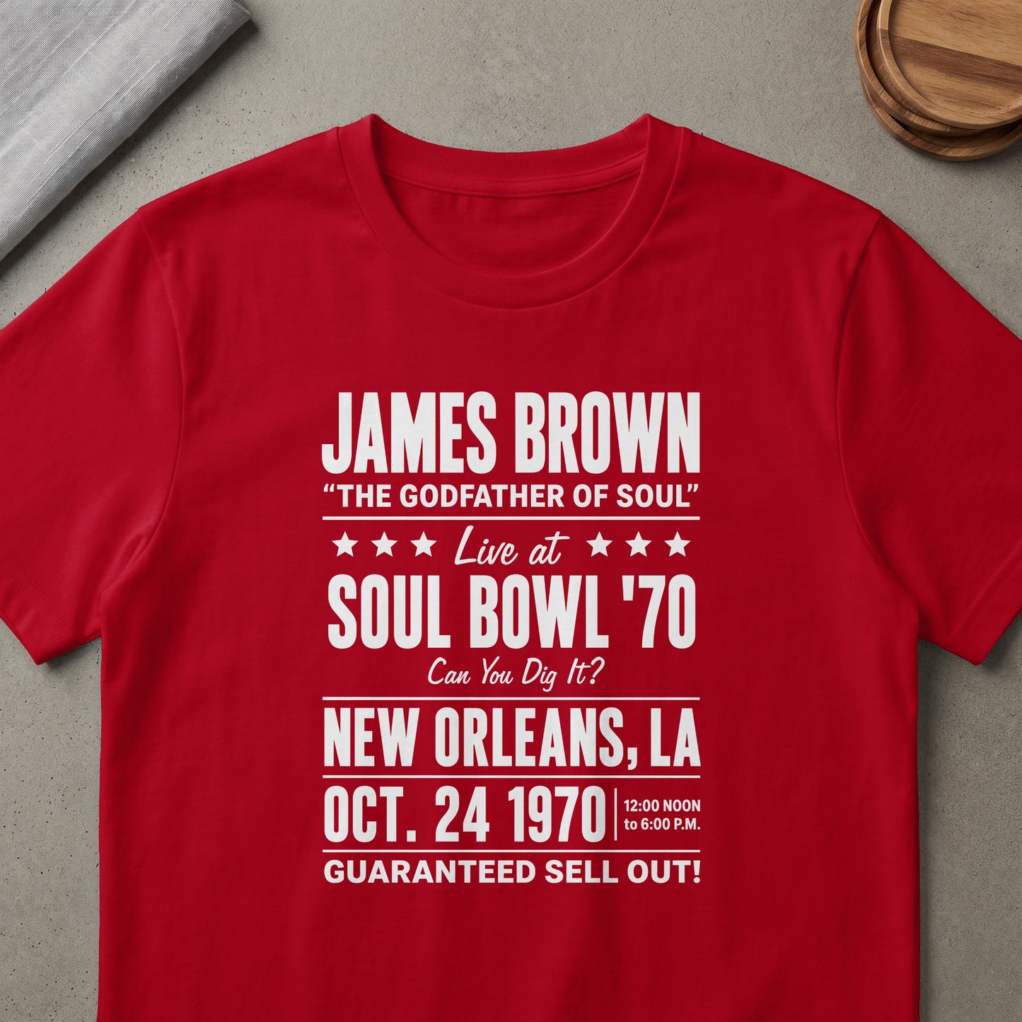 James Brown Soul Bowl '70 live concert graphic on a red t-shirt.