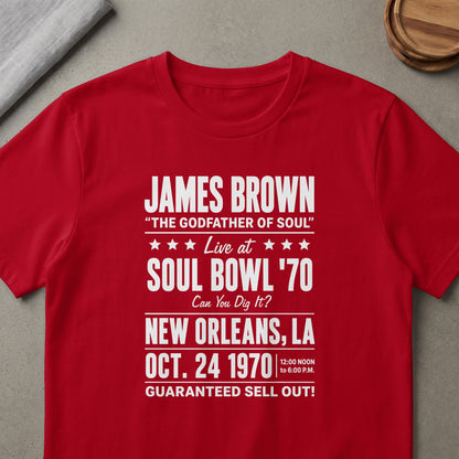 James Brown Soul Bowl '70 live concert graphic on a red t-shirt.