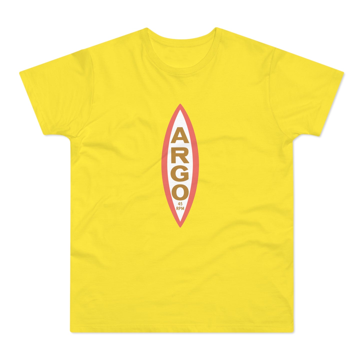 Yellow t-shirt with a vertical oval graphic containing "ARGO" and "45 RPM".