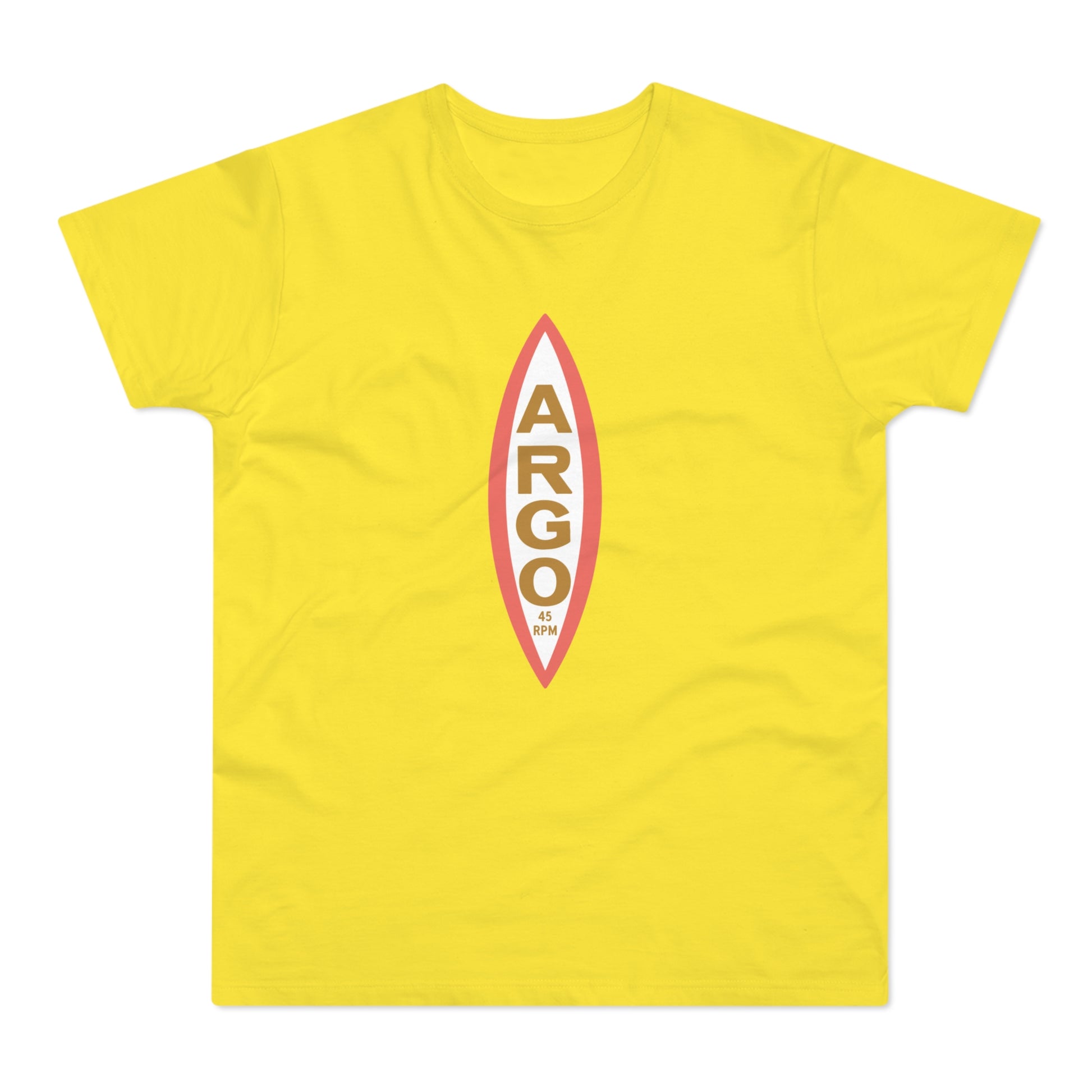 Yellow t-shirt with a vertical oval graphic containing "ARGO" and "45 RPM".