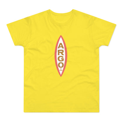 Yellow t-shirt with a vertical oval graphic containing "ARGO" and "45 RPM".