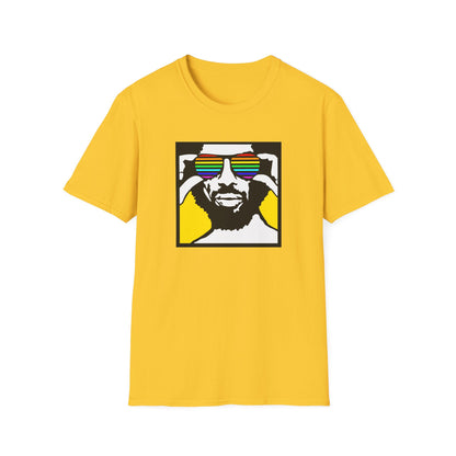 Yellow t-shirt with a graphic of a person wearing rainbow-striped sunglasses.