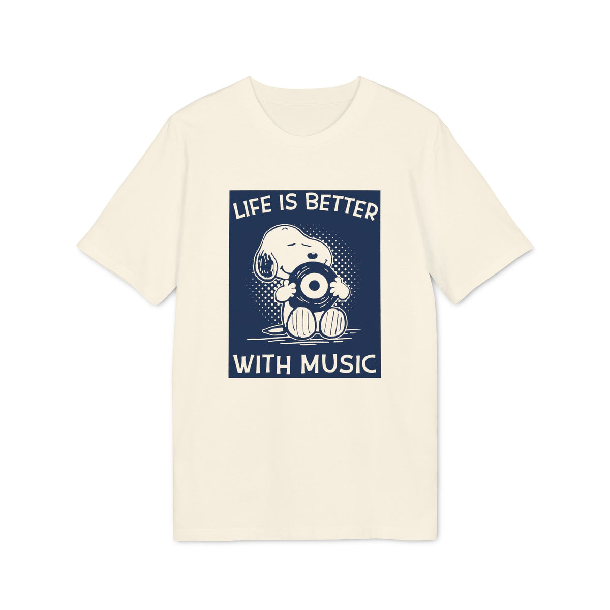 Snoopy holds a record and text reads "Life is better with music".
