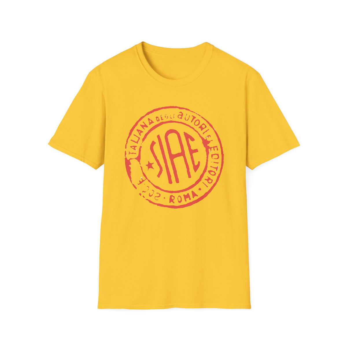 Yellow t-shirt with red SIAE logo and text "ITALIANA DEGLI AUTORI EDITORI 2002 ROMA".
