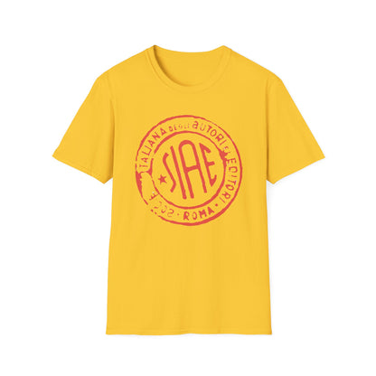 Yellow t-shirt with red SIAE logo and text "ITALIANA DEGLI AUTORI EDITORI 2002 ROMA".