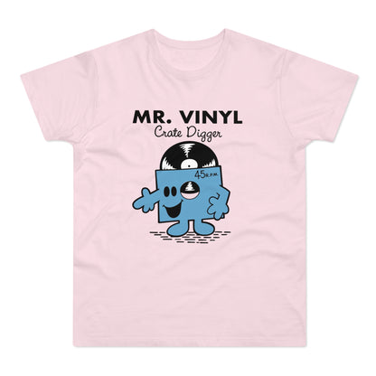 MR. VINYL Crate Digger graphic with cartoon vinyl record character on pink t-shirt.