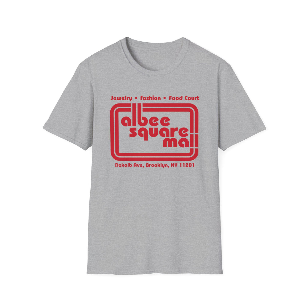 Grey t-shirt with red text for Albee Square Mall, Brooklyn, NY.