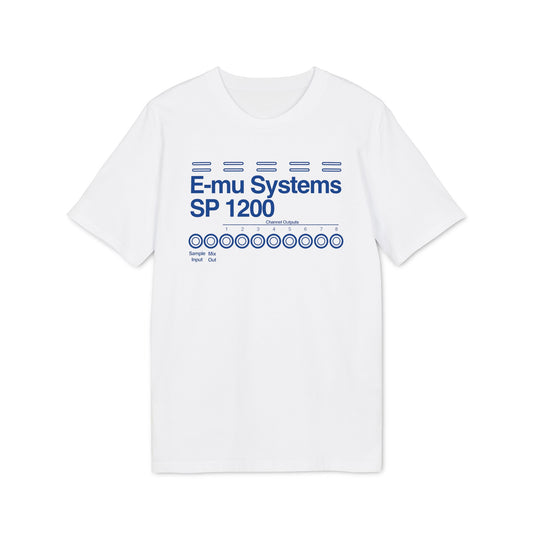 White t-shirt with blue E-mu Systems SP 1200 graphic and channel outputs.