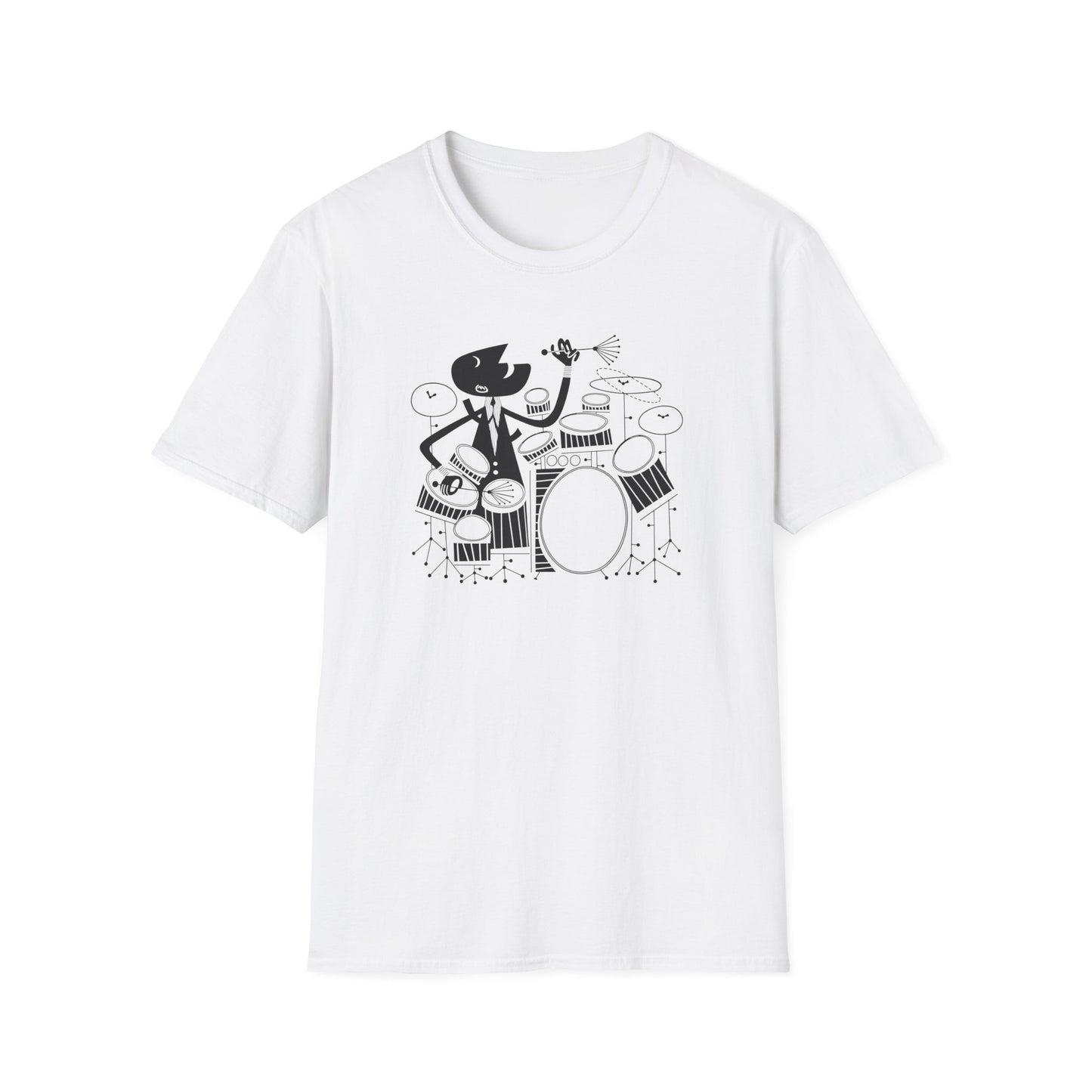 Black and white graphic of a dog in a suit playing drums.