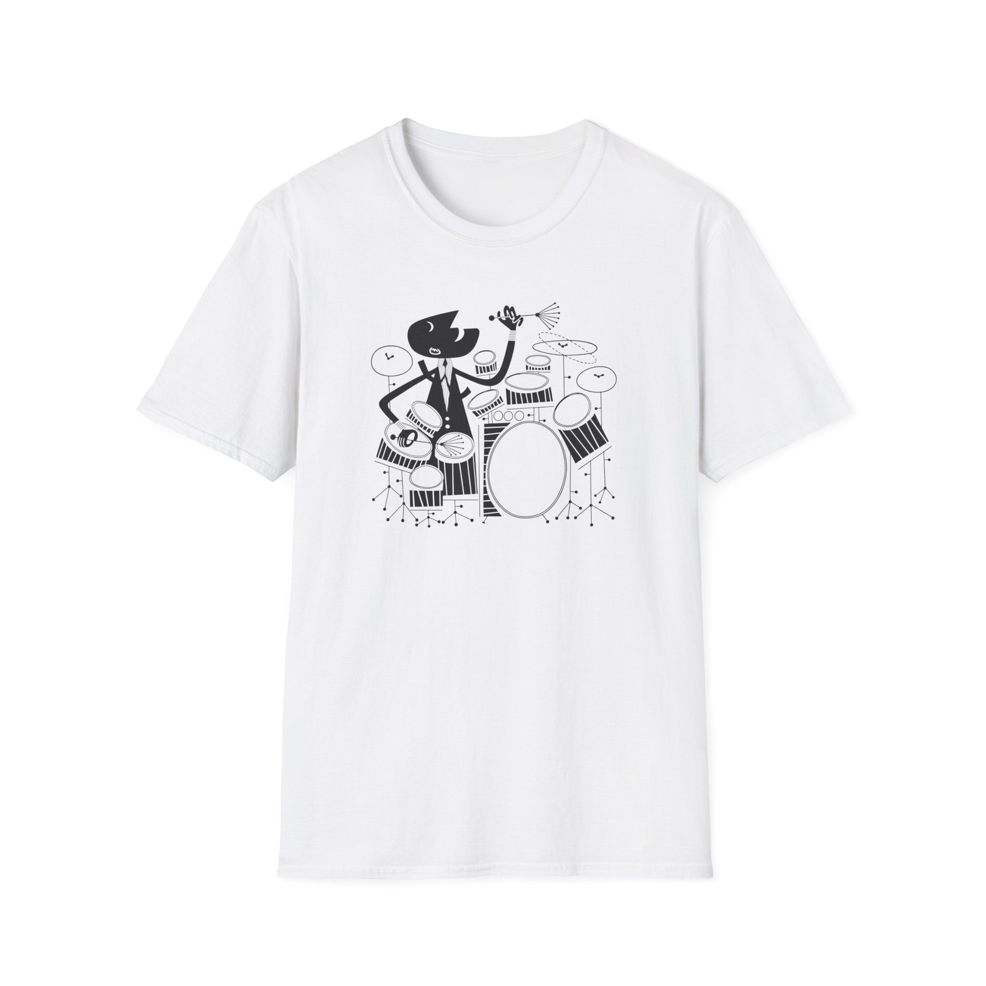 Black and white graphic of a dog in a suit playing drums.