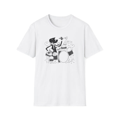 Black and white graphic of a dog in a suit playing drums.
