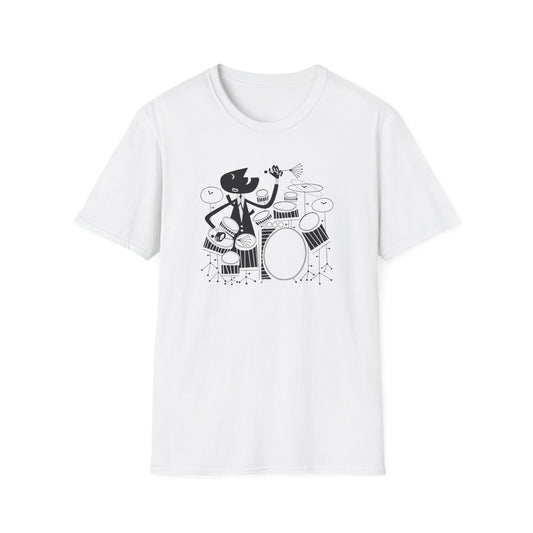 Black and white graphic of a dog in a suit playing drums.