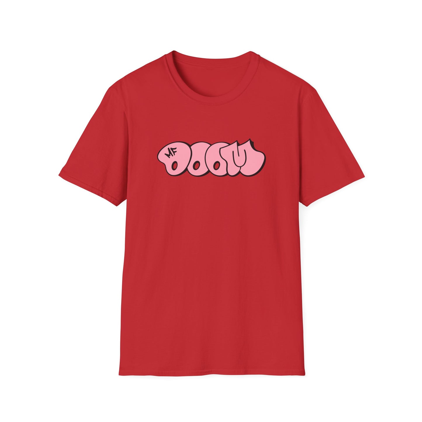 Red t-shirt with pink bubble lettering and "MF" logo.