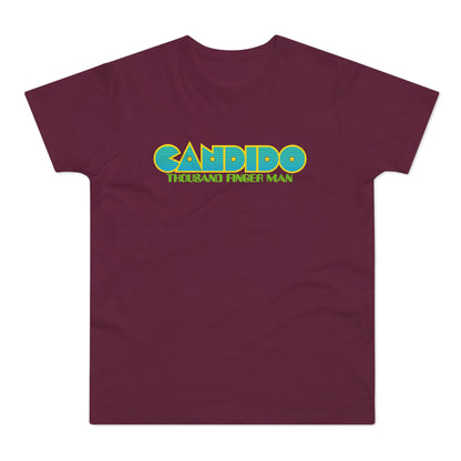 Maroon t-shirt with "CANDIDO THOUSAND FINGER MAN" text design.