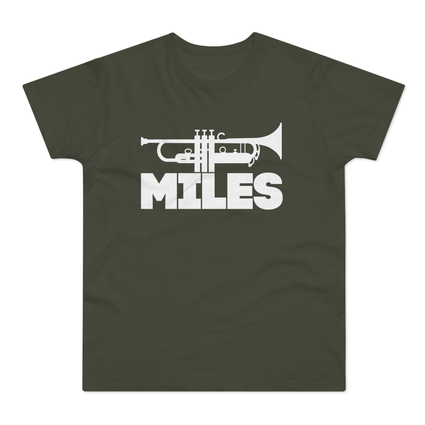 T-shirt with white trumpet graphic and "MILES" text.