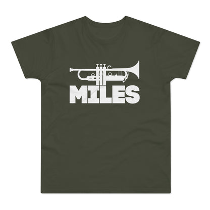 T-shirt with white trumpet graphic and "MILES" text.