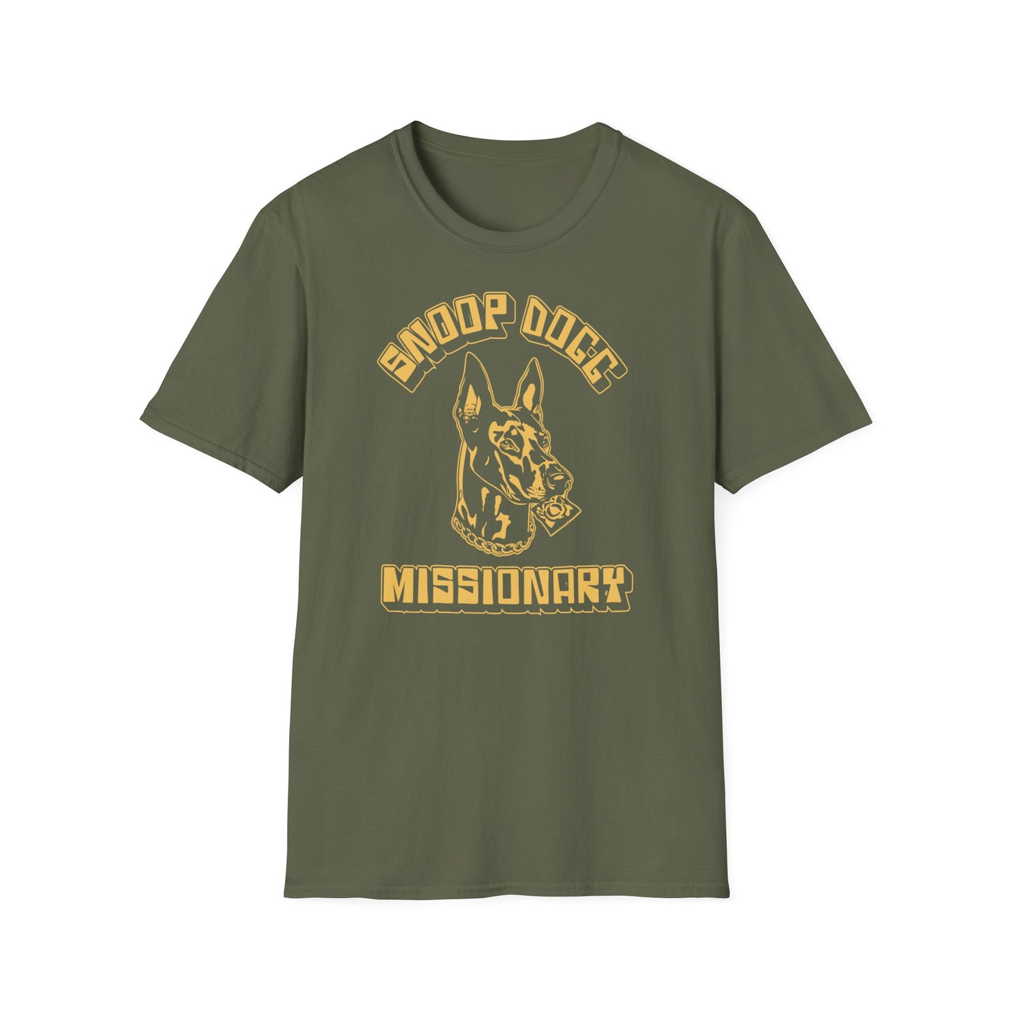 Green t-shirt with yellow Snoop Dogg and Missionary text and dog graphic.