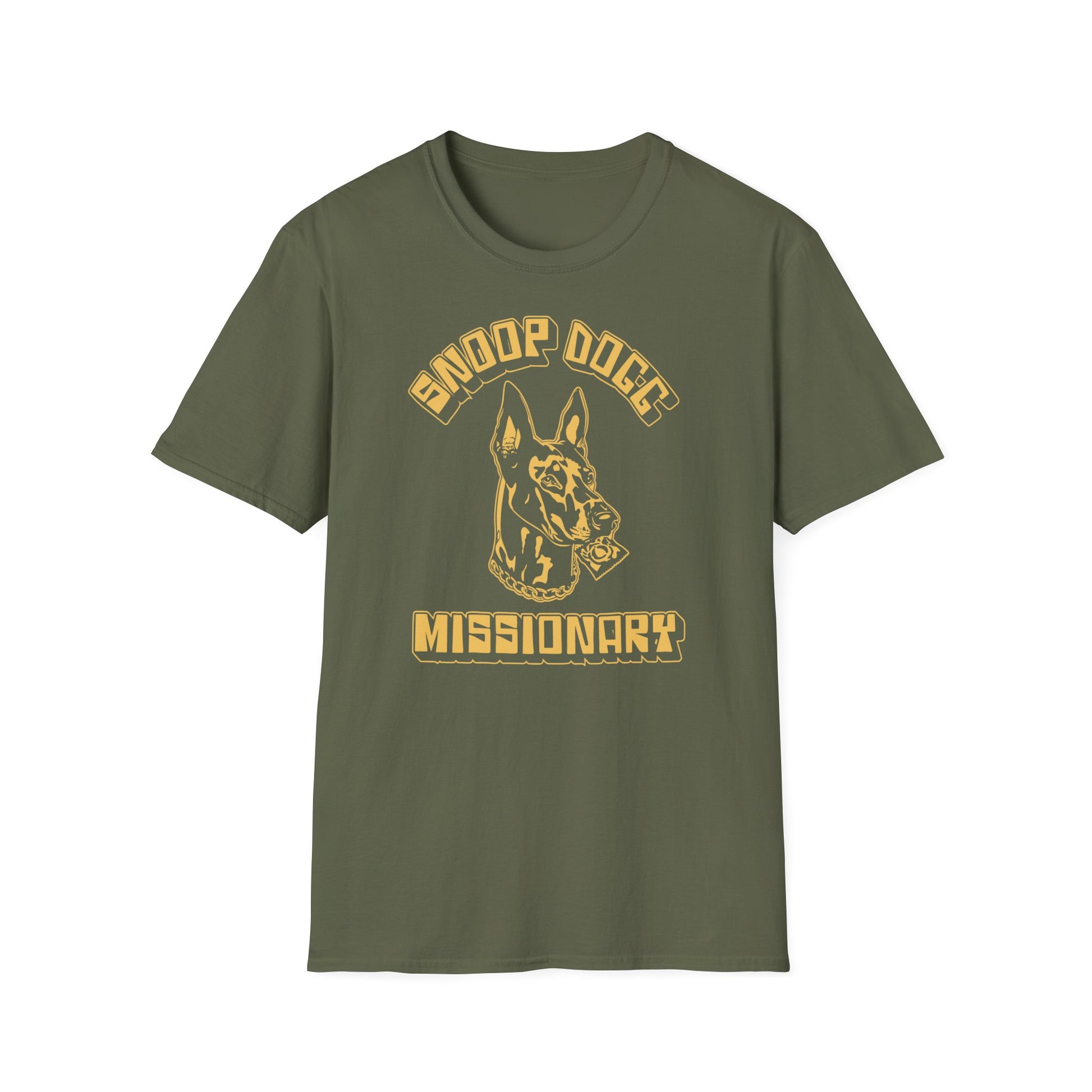 Green t-shirt with yellow Snoop Dogg and Missionary text and dog graphic.