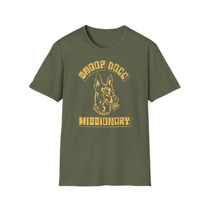Green t-shirt with yellow Snoop Dogg and Missionary text and dog graphic.