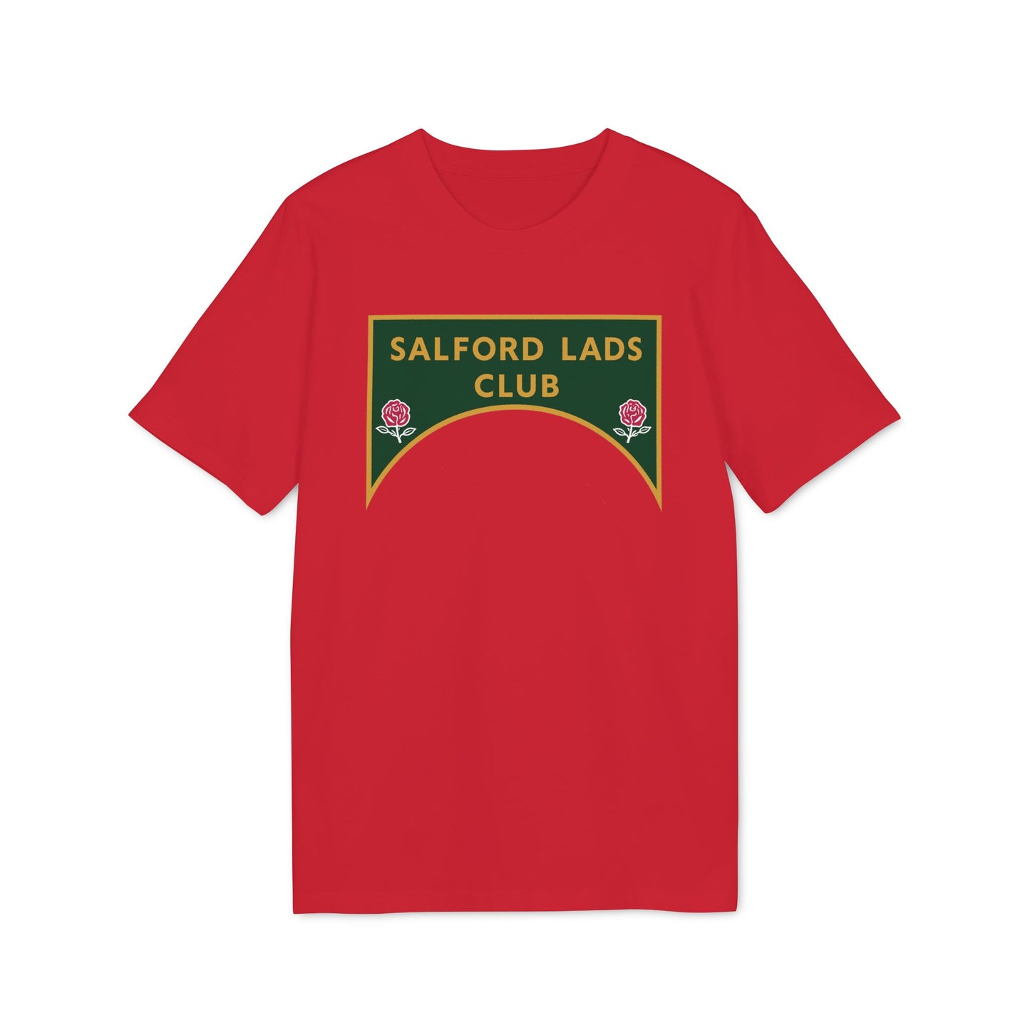 Red t-shirt with green and gold emblem reading "SALFORD LADS CLUB" and two roses.