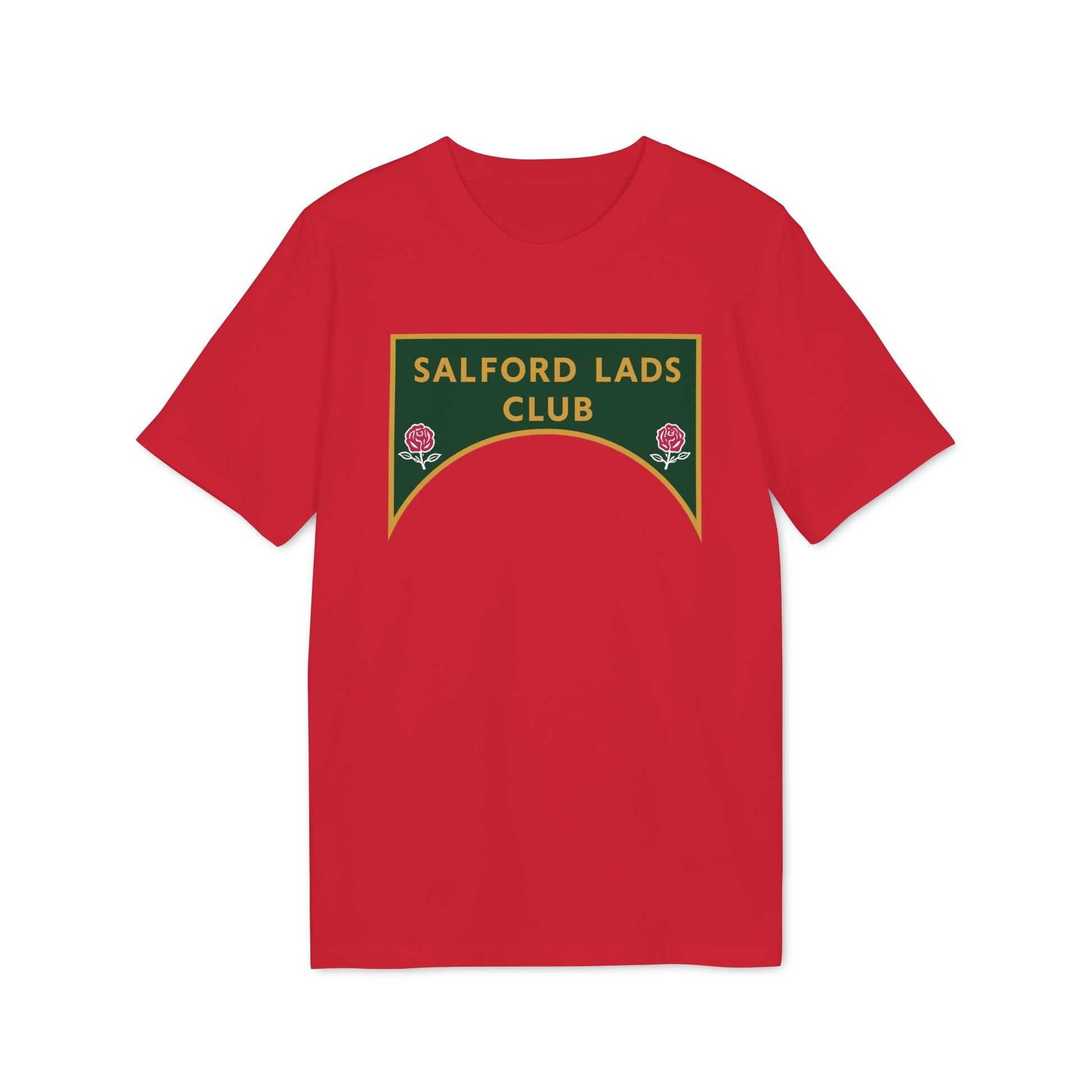 Red t-shirt with green and gold emblem reading "SALFORD LADS CLUB" and two roses.