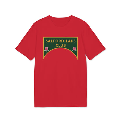 Red t-shirt with green and gold emblem reading "SALFORD LADS CLUB" and two roses.