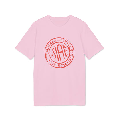 Pink t-shirt with red SIAE logo stamp, ITALIANA DEGLI AUTORI EDITORI 2002 ROMA