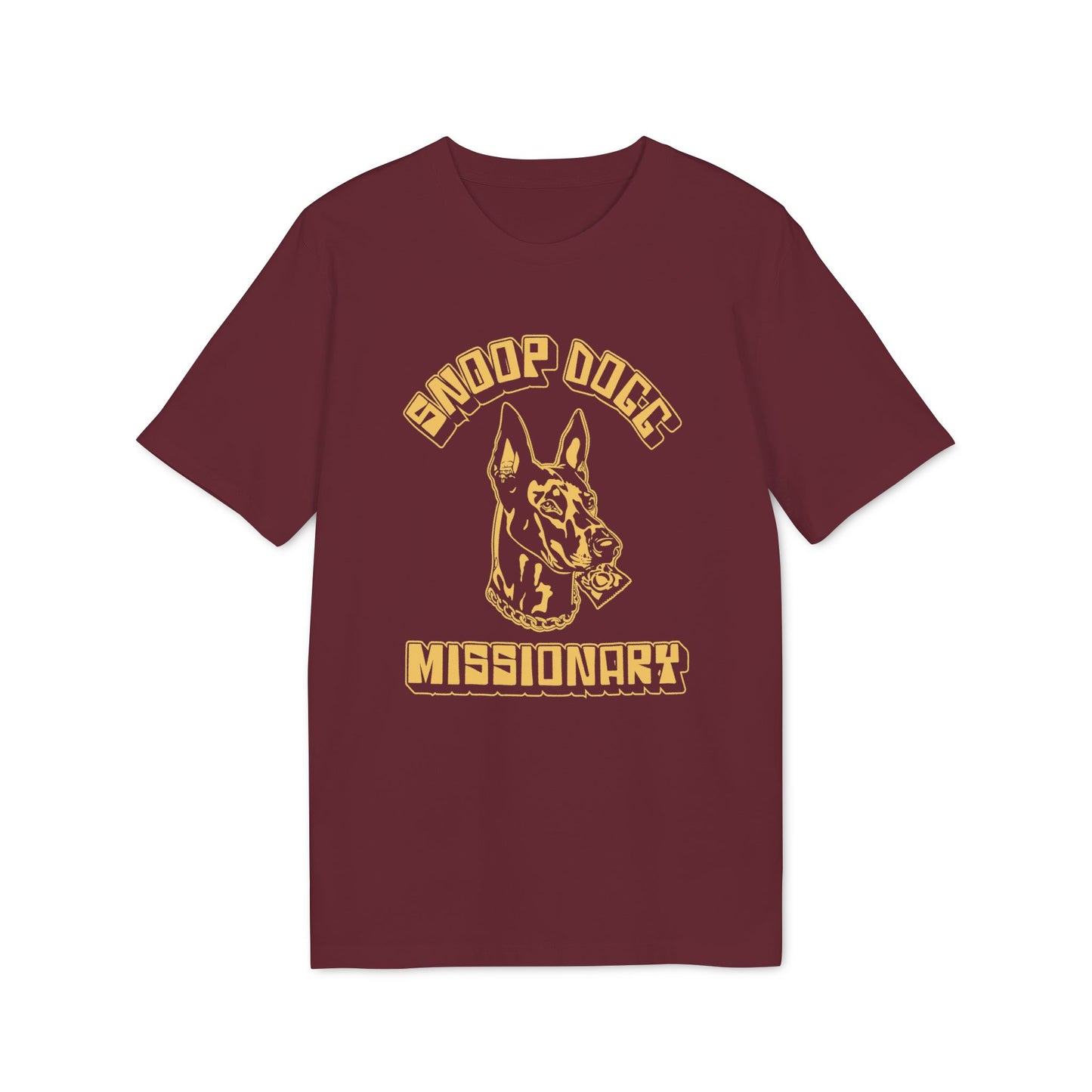 Maroon t-shirt with Snoop Dogg Missionary graphic featuring a dog head.