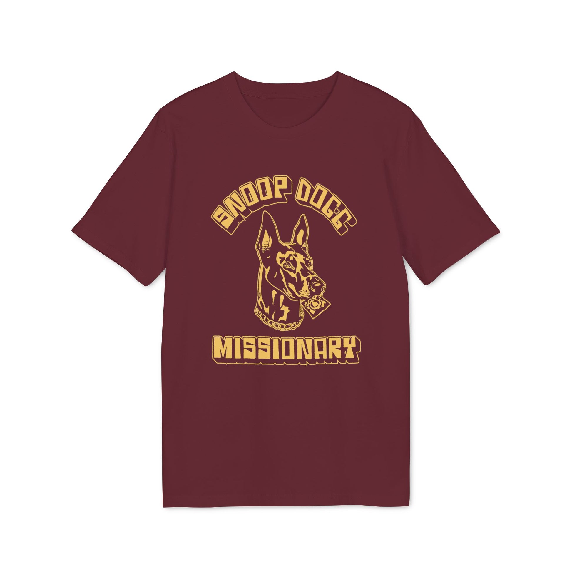 Maroon t-shirt with Snoop Dogg Missionary graphic featuring a dog head.