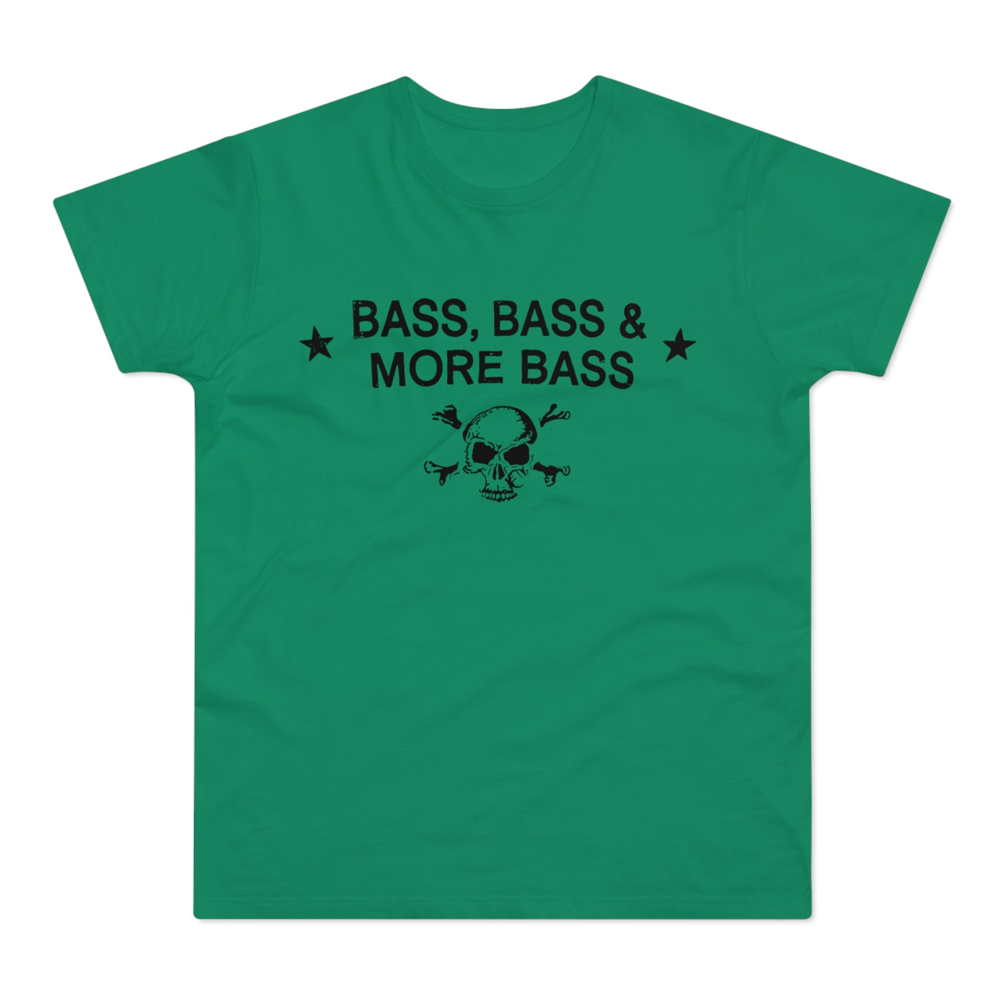 Green t-shirt with black text "BASS, BASS & MORE BASS" and skull with crossed bones.