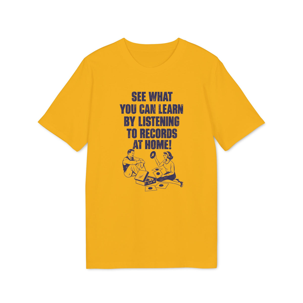 Yellow t-shirt with blue text and illustration of couple with record player.
