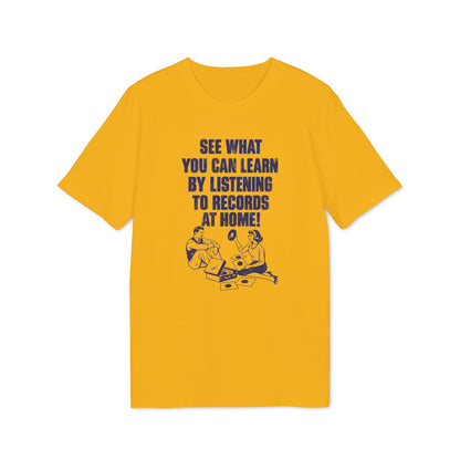 Yellow t-shirt with blue text and illustration of couple with record player.